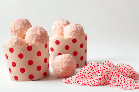 Two polka dot cupcake liners overflow with pink frosted treats, accompanied by a pile of matching red and white polka dot ribbon.の写真素材