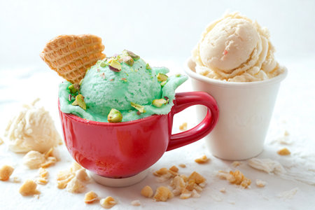 Two cups of ice cream, one mint green with a cookie and nuts, the other vanilla, are displayed with scattered nuts.の写真素材