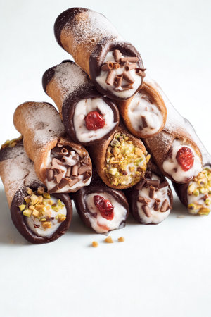 A close-up, top-down view of a variety of cannoli, some dipped in chocolate and others with colorful fillings and toppings.の写真素材