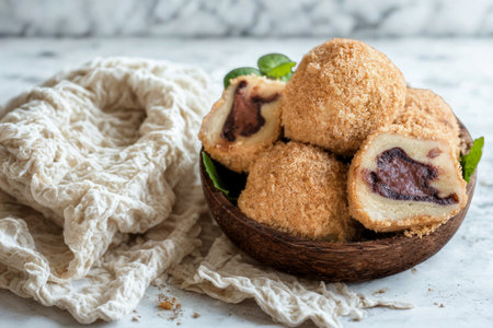 Golden brown fried balls with a textured exterior, revealing a rich purple filling.の写真素材