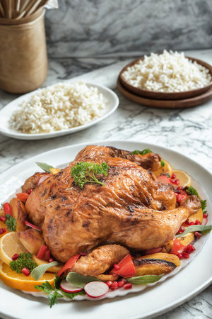 A beautifully roasted chicken sits atop a bed of colorful vegetables, served with two plates of fluffy white rice.の写真素材