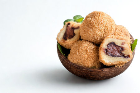 A close-up of sweet mochi balls coated in sesame seeds, revealing a rich filling, presented in a wooden bowl.の写真素材