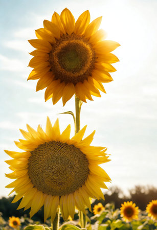 Two vibrant sunflowers dominate the frame, their large faces turned upwards towards the sunlit sky, with a field of more sunflowers in the background.の写真素材