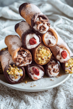 A close-up of a plate piled high with various cannoli, dusted with powdered sugar and filled with...
