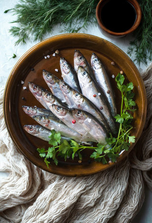 A top-down view of several small, silver fish, likely sardines, artfully arranged on a rustic wooden platter with fresh green herbs and scattered peppercorns.の写真素材