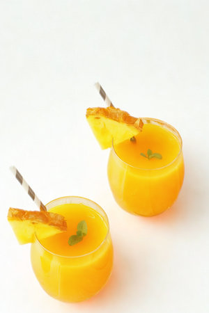 Two vibrant yellow tropical drinks are presented in glasses, each adorned with a slice of fruit and a small straw, against a clean white background.の写真素材