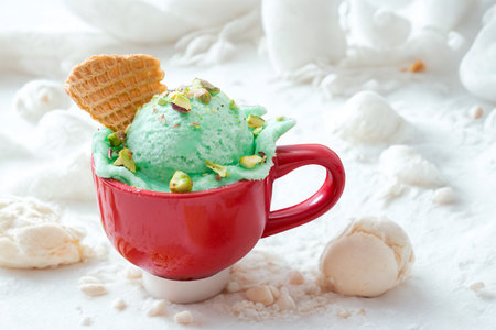 A vibrant scoop of mint green ice cream sits in a small red mug, adorned with a crisp wafer and sprinkled with toppings.の写真素材