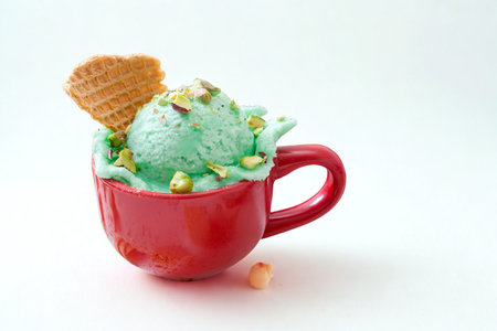 A delightful serving of mint ice cream, adorned with sprinkles and a waffle cone, presented in a vibrant red mug.の写真素材