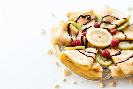 A close-up of a golden pastry generously topped with fresh fruit slices and a rich chocolate drizzle.の写真素材