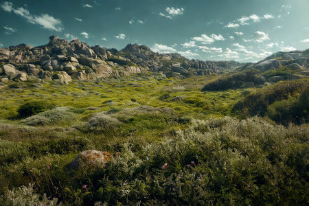 A sprawling, verdant mountain terrain with rocky outcrops and lush vegetation, bathed in the soft light of a partly cloudy sky.の写真素材