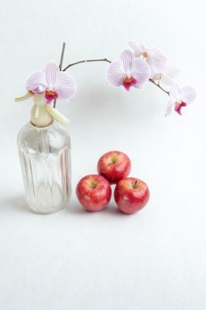 A delicate orchid branch with pink and white flowers is arranged in a clear glass vase next to three small red apples.の写真素材