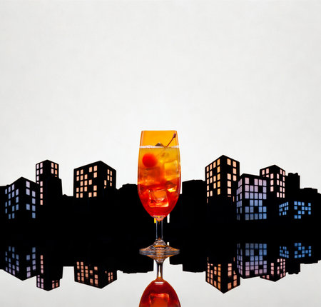 A refreshing cocktail with fruit and ice is presented in a tall glass, with a dark city skyline and its reflections in the background.の写真素材