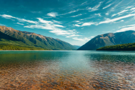 A wide, calm lake reflects the sky and surrounding mountains. Ripples on the water's surface catch the light.の写真素材