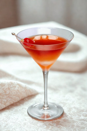 A sophisticated red cocktail served in a classic martini glass, garnished with a thin slice of citrus peel.の写真素材