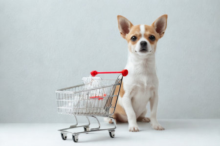 A small, tri-colored Chihuahua dog sits attentively beside a tiny, empty shopping cart against a plain background.の写真素材