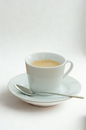 A light blue teacup filled with a pale yellow beverage sits on a matching saucer with a silver spoon resting across it.の写真素材