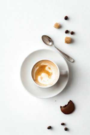 A top-down view of a cup of coffee, a spoon, cookies, and scattered berries on a clean white surface.の写真素材