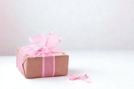 A small, simple gift box is wrapped in brown paper and tied with a delicate pink ribbon. A matching bow lies beside it.の写真素材