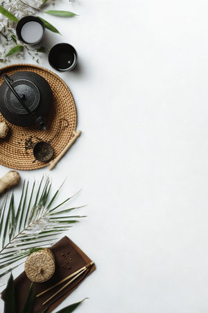 A woven platter with tropical leaves and small ceramic bowls on a white background.の写真素材