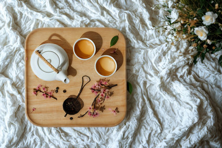 A wooden tray holds a teapot, two cups of tea, and scattered tea leaves, set against a soft white background with floral accents.の写真素材