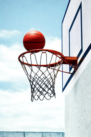 A close-up shot of a basketball going through a hoop with a net, set against a bright, cloudy sky.の写真素材