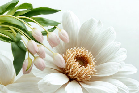 A close-up of a lush white peony flower with soft petals, a textured center, and delicate buds and green leaves.の写真素材