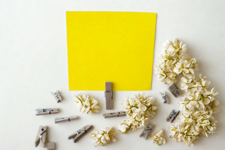 A bright yellow card is surrounded by various craft tools, clips, and delicate white flowers on a white background.の写真素材