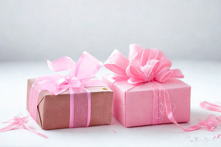 Two beautifully wrapped gift boxes, one in pink paper and another in brown paper with a pink ribbon, sit on a white surface.の写真素材