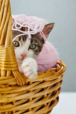A curious kitten with wide eyes peeks from a rustic woven basket, playfully entangled in soft pink and white yarn.の写真素材