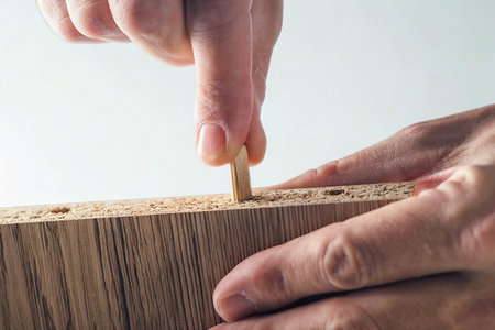 A person's hands are shown inserting a small wooden dowel into a pre-drilled hole in a rough wooden surface.の写真素材
