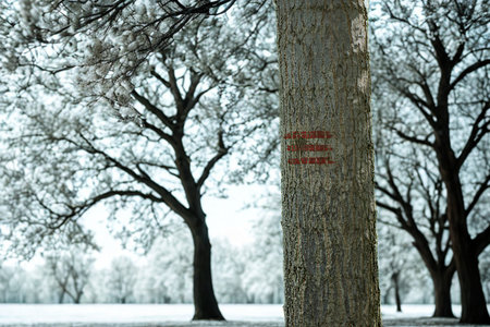 Bare trees stand in a snowy landscape, their branches coated in frost and ice, creating a serene winter scene.の写真素材