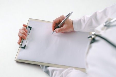 A close-up of a medical professional in a white coat writing on a clipboard, with a stethoscope visible.の写真素材