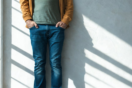 A person in jeans and a jacket leans against a white wall, with dramatic diagonal shadows cast by...