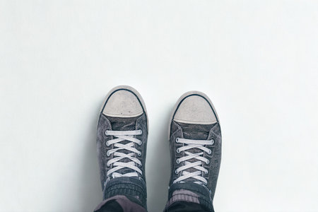 A pair of high top canvas sneakers are shown from a direct overhead perspective against a plain white surface.の写真素材