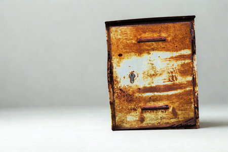 A close-up, eye-level shot of a weathered, rusty metal container with a plain, light-colored background.の写真素材