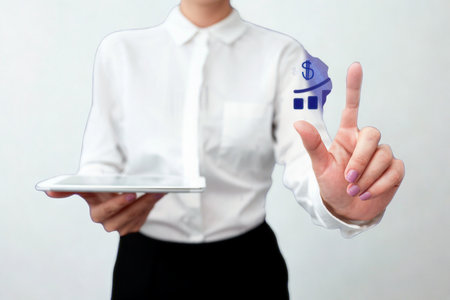 A person in a white shirt holds a tablet and points at a digital graph icon, signifying data analysis or business growth.の写真素材