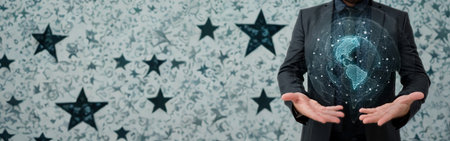 A person in a dark sequined jacket stands with hands outstretched against a textured wall adorned with scattered stars.の写真素材