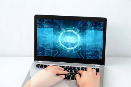 Hands typing on a laptop keyboard. The screen displays a bright blue digital cloud graphic with intricate circuitry patterns.の写真素材