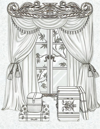 A detailed sketch of ornate window treatments featuring layered drapery, decorative swags, and fringed valances, evoking a luxurious and classic aesthetic.の写真素材