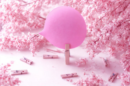 A whimsical scene featuring a cotton candy tree surrounded by delicate pink cherry blossoms and scattered wooden clothespins on a white surface.の写真素材