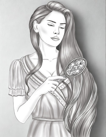 A black and white sketch of a young woman with closed eyes, gently brushing her long, wavy hair with an ornate comb. She wears a simple dress.の写真素材