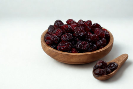 A rustic wooden bowl is filled with dried cranberries. A small wooden spoon also holds a portion of the dried fruit.の写真素材