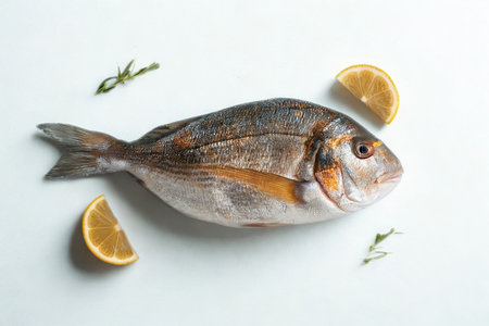 A whole raw fish is presented with lemon slices and sprigs of fresh herbs on a clean white surface.の写真素材
