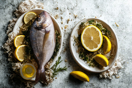 A whole raw fish is presented on a platter with lemon slices and fresh herbs, ready for culinary preparation.の写真素材