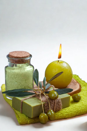 A tranquil spa setting featuring a lit candle, natural soaps, and a jar of cream, evoking a sense of calm and rejuvenation.の写真素材