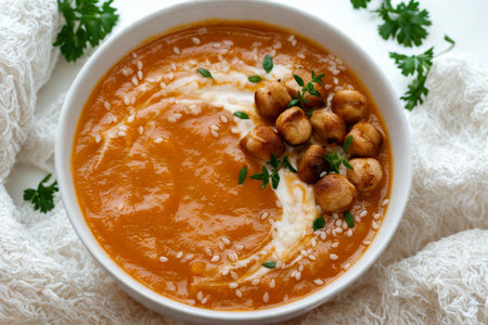 A comforting bowl of smooth, vibrant tomato soup swirled with cream and topped with crunchy chickpeas and fresh parsley.の写真素材