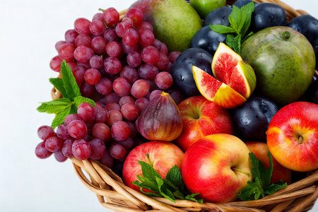 A woven basket brimming with a vibrant assortment of fresh, ripe fruits including grapes, apples, figs, plums, and pears.の写真素材