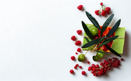 A bright green gift box adorned with dark green leaves, red berries, and a red ribbon, scattered with more berries and small green fruits.の写真素材