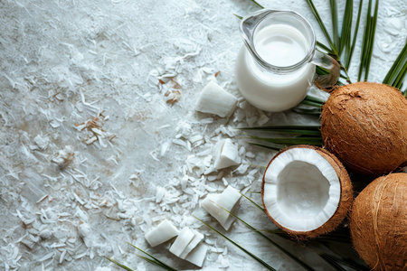 A refreshing still life featuring whole coconuts, a halved coconut, and a pitcher of creamy coconut milk, accented with palm leaves.の写真素材