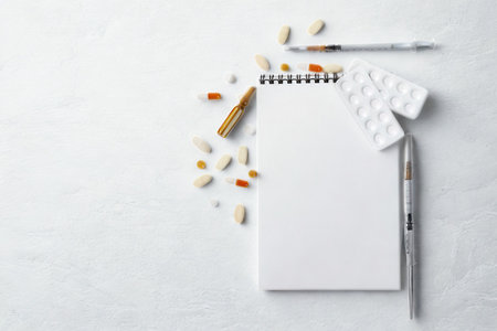 A collection of pills, a syringe, pens, and a blank notebook are scattered on a clean white background.の写真素材